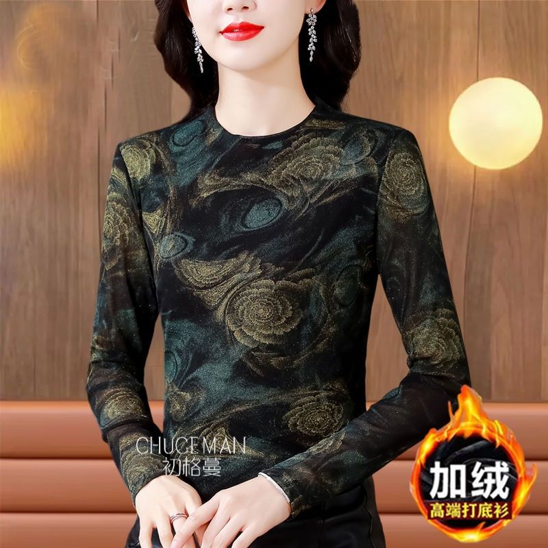專櫃同款南韓紗打底衫長袖女士上衣秋冬新款寬鬆遮肉印花媽媽小衫