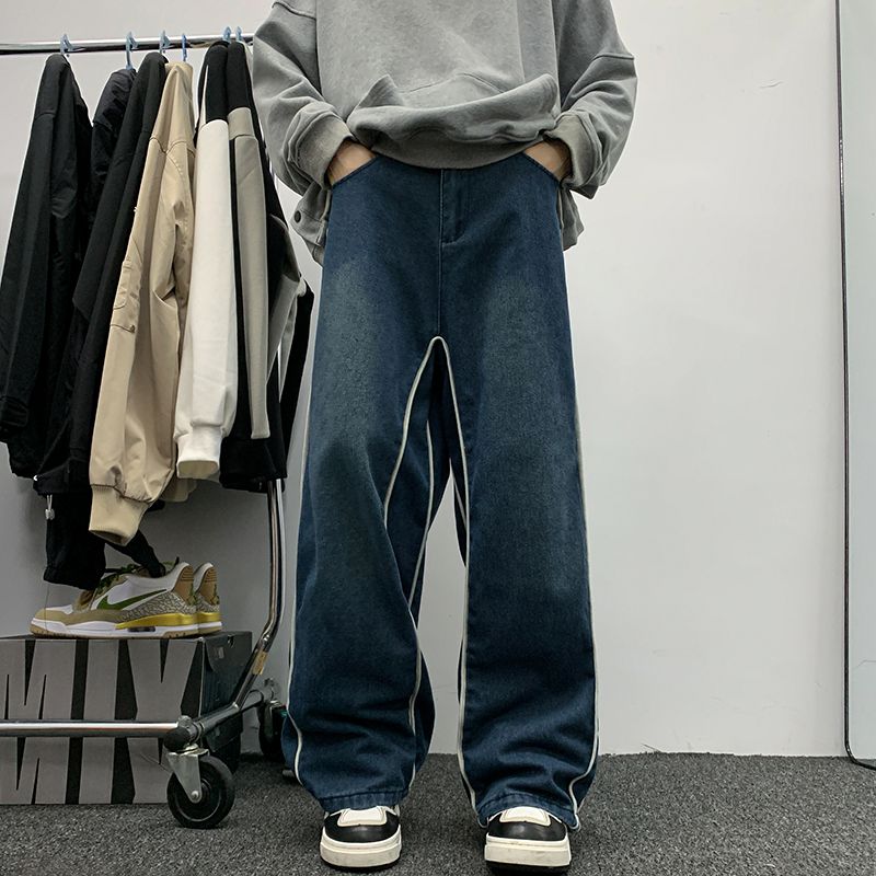 Trendy brand hip-hop jeans for men in spring and autumn American hiphop design pants loose and drapey wide-leg floor-length pants