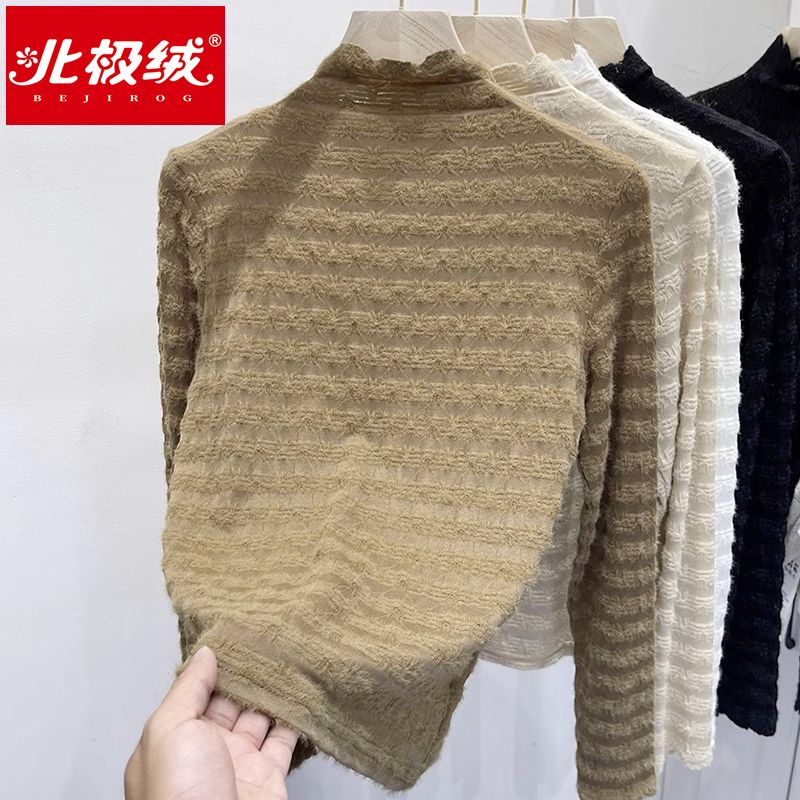 北極絨半高領蕾絲打底衫女秋冬新款毛衣修身顯瘦內搭洋氣小衫網紗