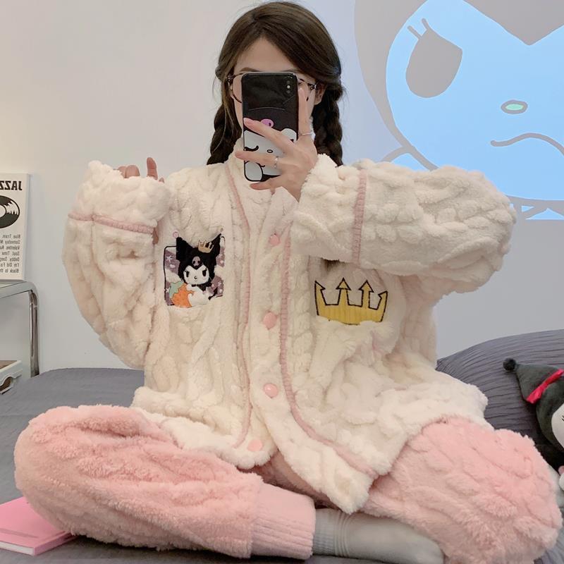 庫洛米睡衣女款春秋冬季加厚珊瑚絨2022年新款法蘭絨可外穿家居服