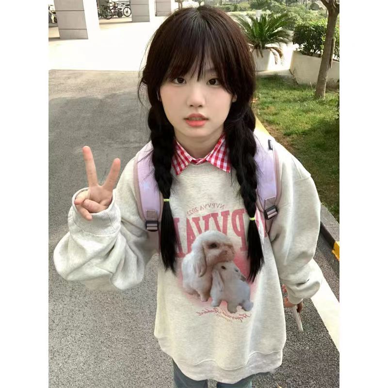 UO100%純棉450G重磅銀狐絨寬鬆甜美圓領衛衣女秋冬季網紅同款上衣
