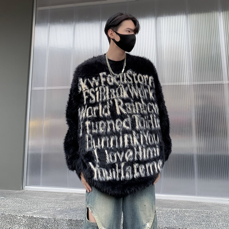 American letter jacquard sweater for men in winter thickened plush sweater trendy loose lazy style couple coat