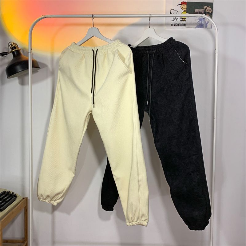 Japanese corduroy pants men's autumn and winter thickened plus velvet loose casual sweatpants trendy brand versatile straight trousers