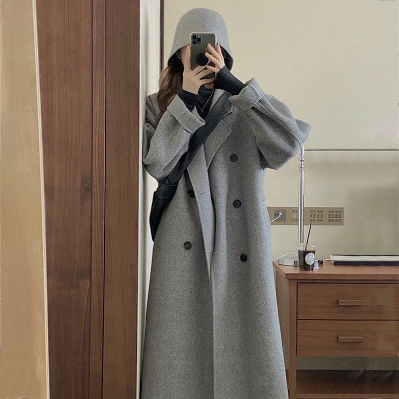 Double-sided cashmere coat for women mid-length 2023 winter new small suit gray thickened woolen coat