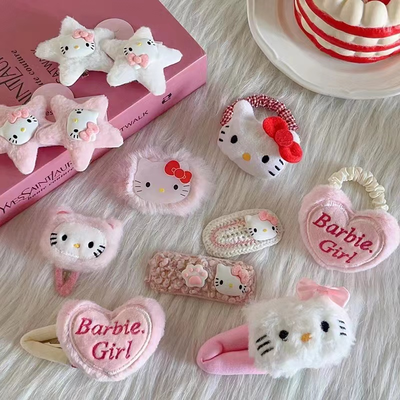 12件套~秋冬可愛毛絨Hellokitty貓髮夾劉海夾KT貓發繩側邊夾發卡