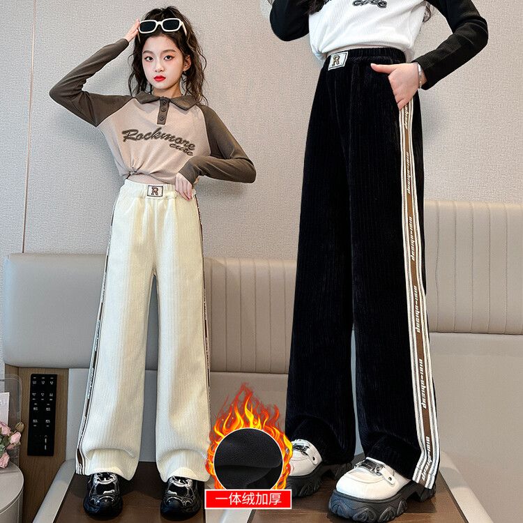 女童加絨闊腿褲兒童寬鬆休閒褲中學生冬裝雪尼爾一體絨加厚直筒褲