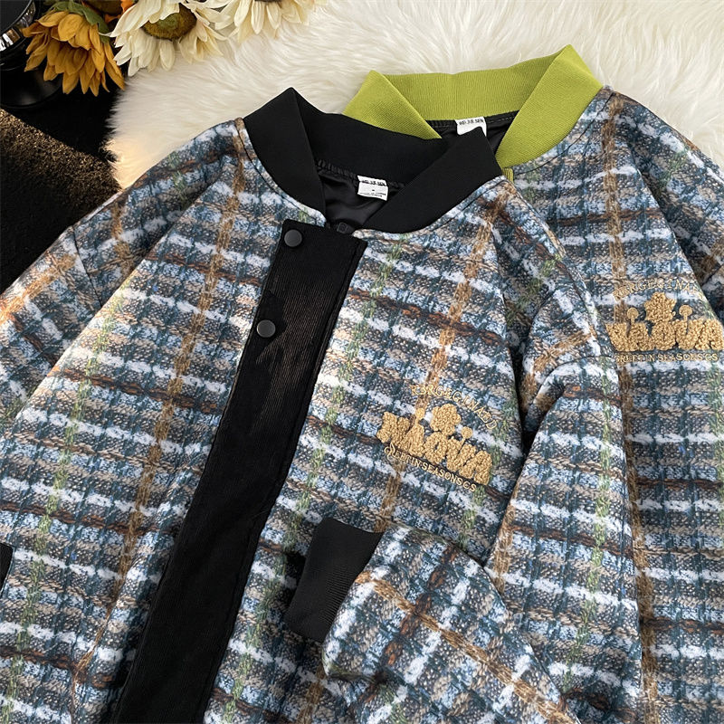 Plaid embroidered baseball uniform for men in autumn and winter loose thickened woolen jacket American trendy small fragrance style couple jacket