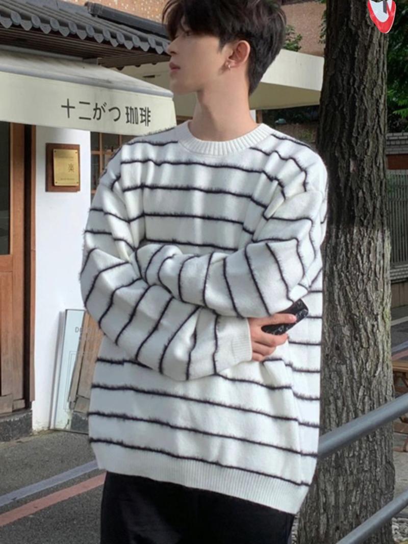 日系復古cityboy黑白拼接條紋毛衣男生慵懶風針織衫外套長袖上衣