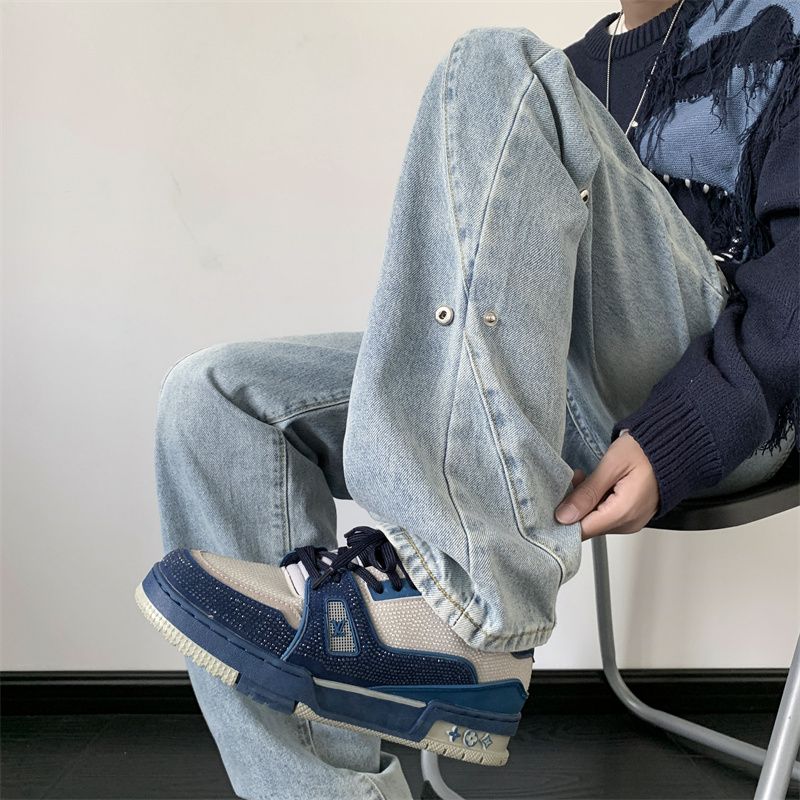High street washed jeans trendy brand ins design straight pants men's spring and autumn loose and handsome slightly flared trousers