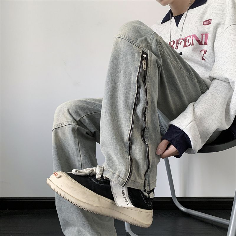 Designed zipper jeans for men in autumn high street washed vibe style pants American trendy brand loose bootcut trousers