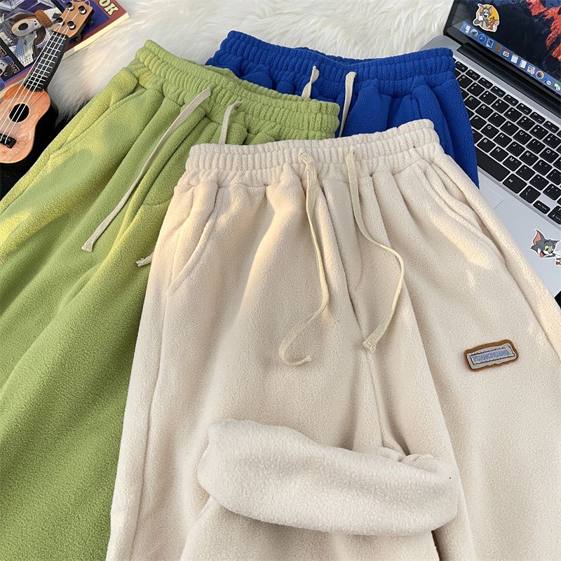 Lamb velvet pants men's autumn and winter American fashion brand ins thickened straight sweatpants versatile couple warm casual pants