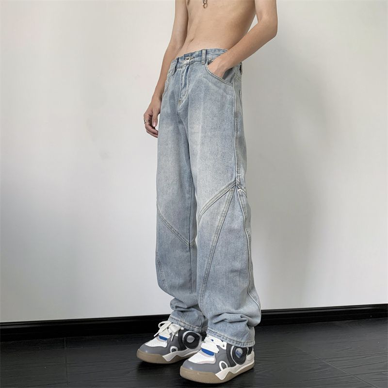 American washed jeans men's trendy high street vibe handsome pants spring and autumn straight loose slightly flared trousers