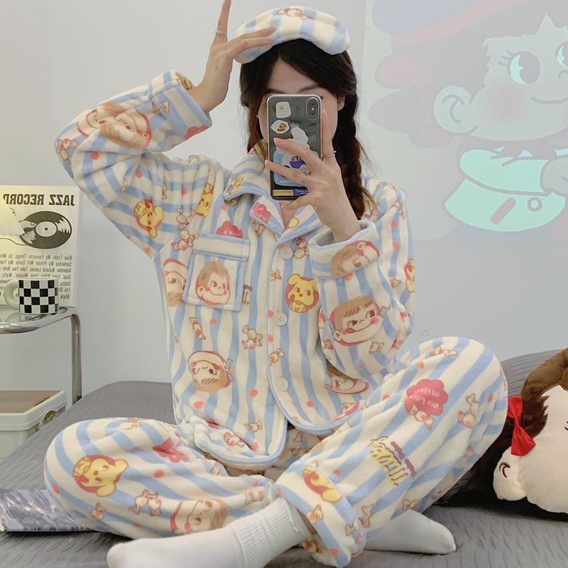 日系不二家睡衣女秋冬季珊瑚絨加絨加厚2023新款學生家居服春秋天