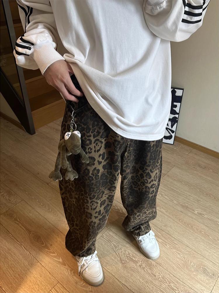 American retro leopard print jeans for men, trendy brand European and American hiphop pants, loose straight-leg drapey wide-leg trousers