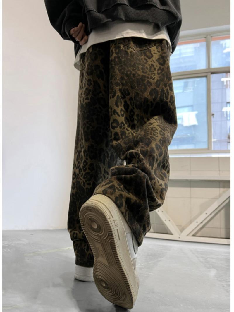 American retro leopard print jeans for men, spring and autumn vintage vintage pants, tall, loose wide-leg pants