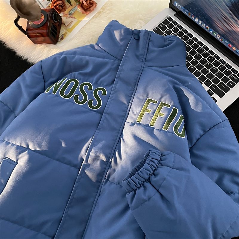 Embroidered letters cotton coat men's winter American trendy brand ins stand collar down cotton coat loose thickened bread coat