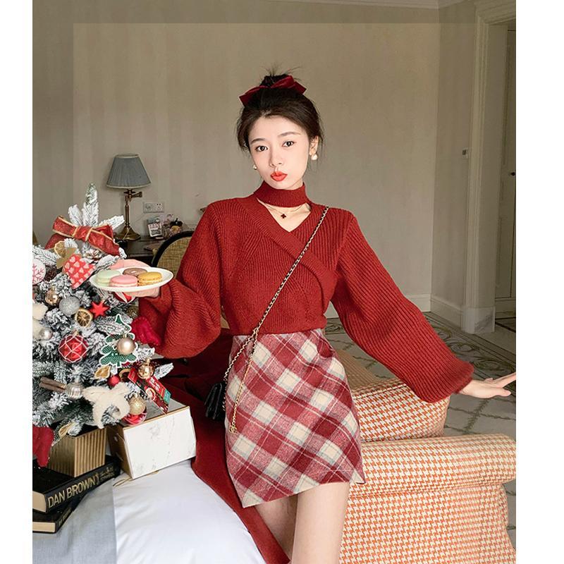 格子毛呢半身裙女秋冬2023新款小個子聖誕冬裙高腰a字包臀短裙子