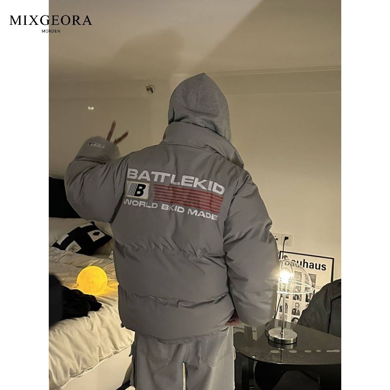 MIX GEORA冬季美式潮牌印花加厚棉衣外套男女情侶寬鬆高領麵包服