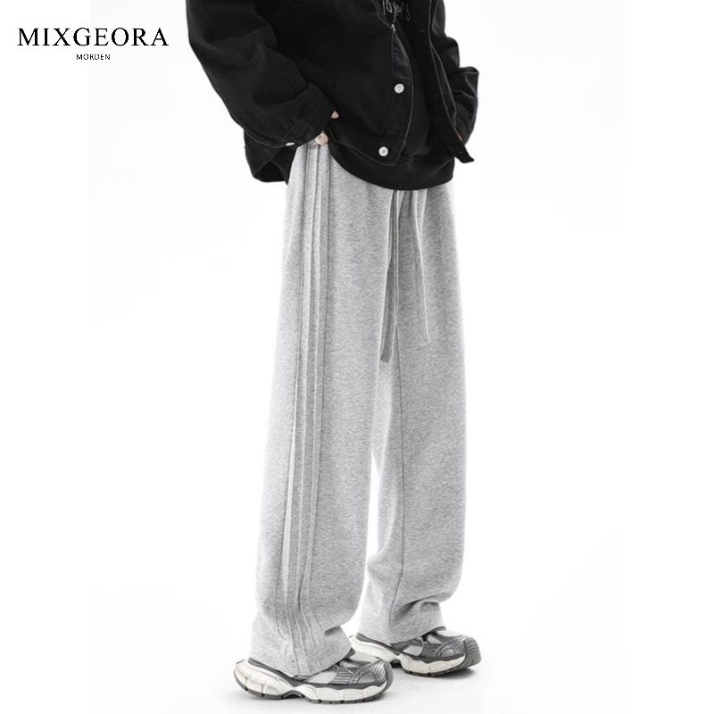 MIX GEORA 潮牌灰色運動褲男女秋冬季休閒衛褲寬鬆直筒垂感闊腿褲