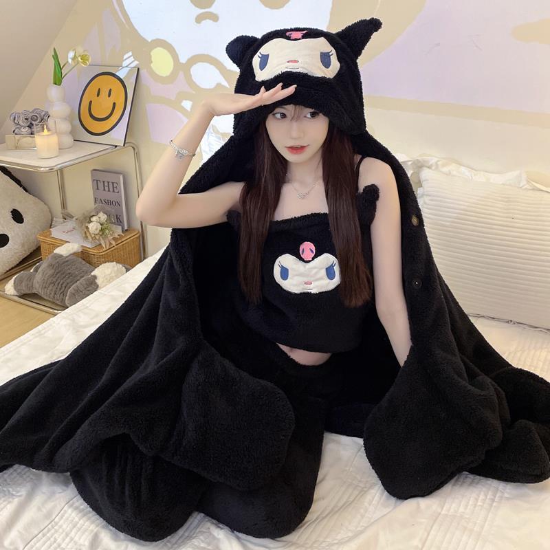 珊瑚絨睡衣少女秋冬季新款庫洛米斗篷加絨可愛學生韓版加厚家居服