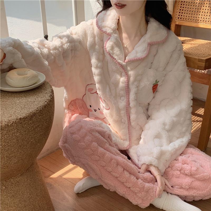 睡衣女秋冬日系開衫珊瑚絨可愛卡通提花絨保暖加厚家居服套裝女