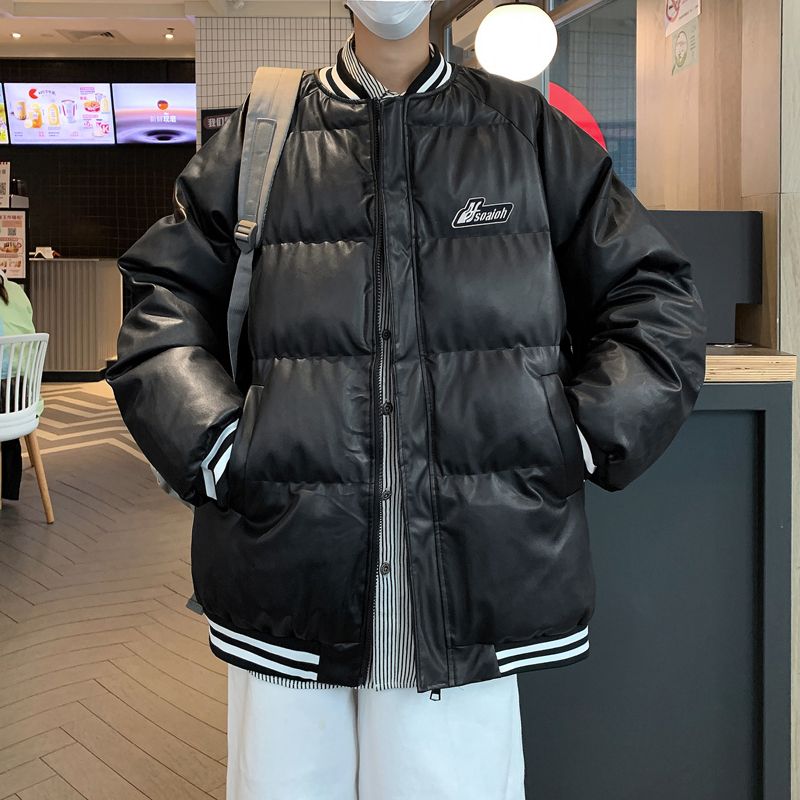 Piushuai pu leather cotton coat men's winter trendy loose thickened down cotton coat American high-end bread coat