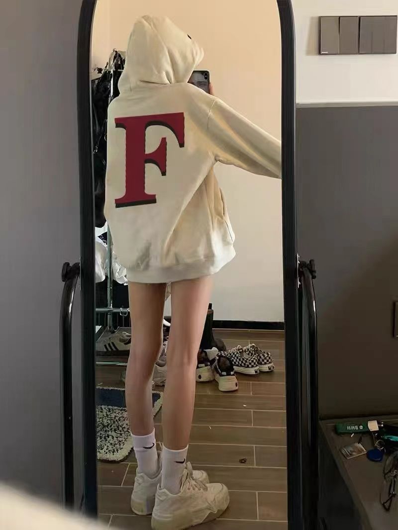 100%重磅純棉白灰色連帽衛衣女秋冬寬鬆加絨加厚oversize外套上衣