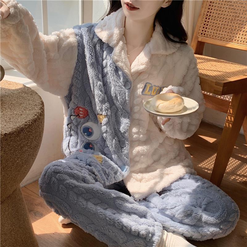 珊瑚絨睡衣女秋冬2023新款日系開衫可愛卡通提花絨保暖家居服套裝