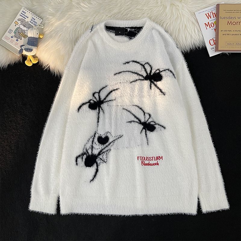 High street hiphop soft waxy sweater men's winter trendy spider jacquard sweater loose lazy style couple coat