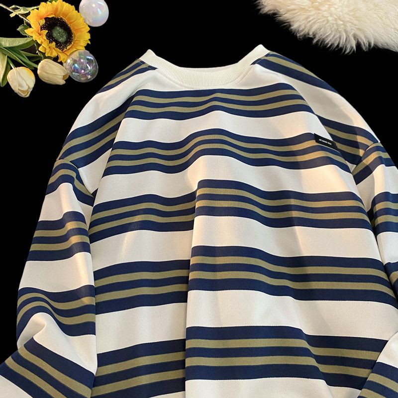 Contrast color striped round neck sweatshirt for men in spring and autumn American heavy cotton top trendy loose casual student jacket