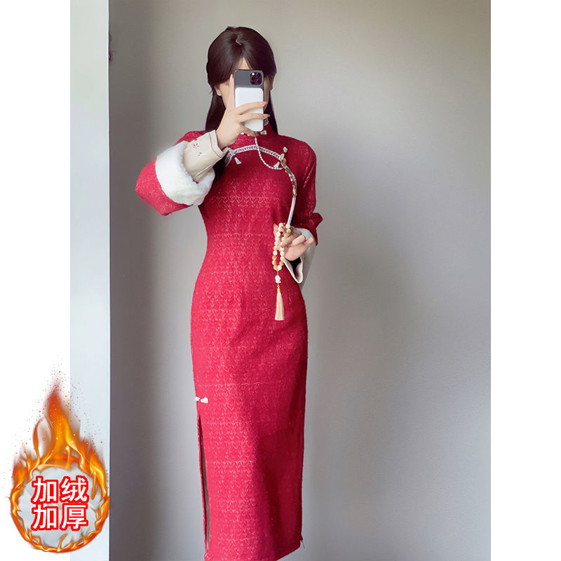 敬酒紅色旗袍中式2023新款加厚改良年輕少女氣質連衣裙長袖