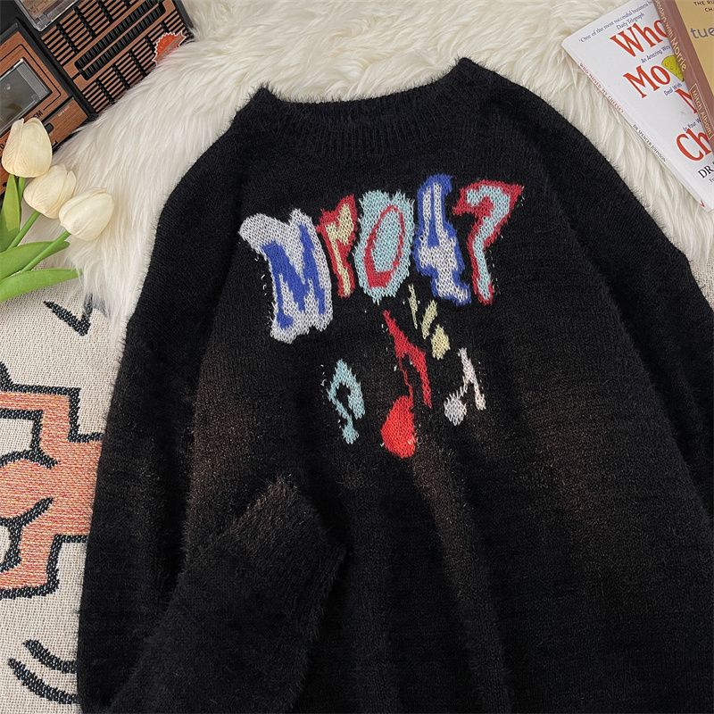 Autumn and winter printed couple sweater trend ins loose soft waxy coat American retro lazy style knitted sweater for men