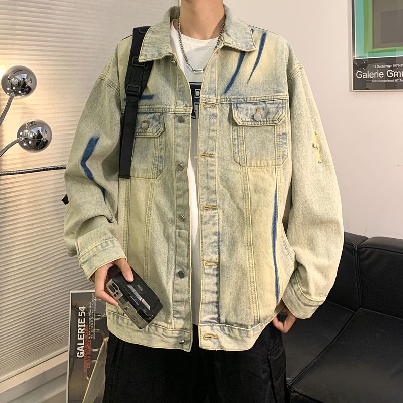 Autumn vibe high street denim jacket trendy brand loose handsome men's clothing American distressed hole work jacket