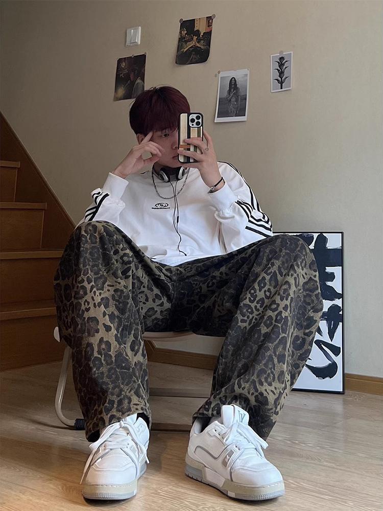 American retro leopard print jeans for men, trendy brand European and American hiphop pants, loose straight-leg drapey wide-leg trousers