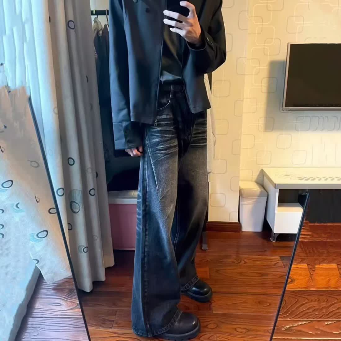 美式水波紋水洗做舊貓須直筒黑灰牛仔褲復古闊腿慵懶寬鬆休閒褲男