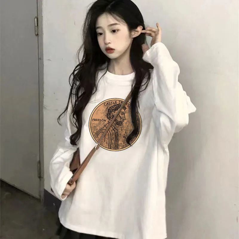 100%純棉長袖T恤女秋季內搭白色打底衫韓版ins寬鬆百搭印花上衣潮