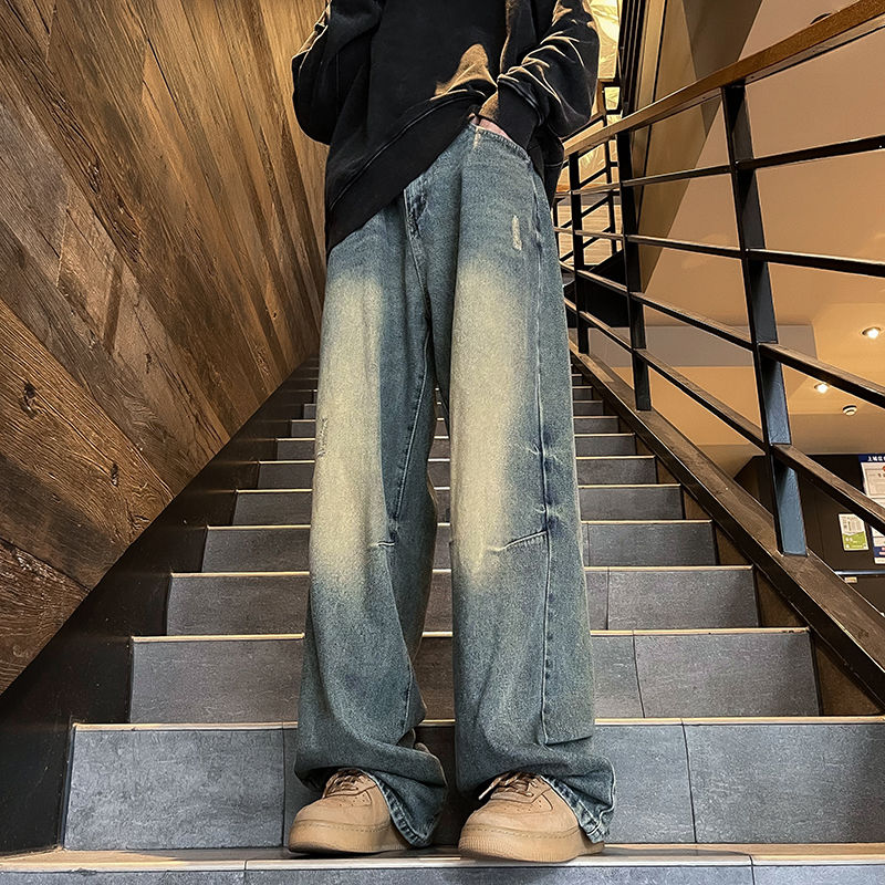 美式復古hiphop牛仔褲男春秋季潮牌直筒長褲子垂感做舊寬鬆闊腿褲