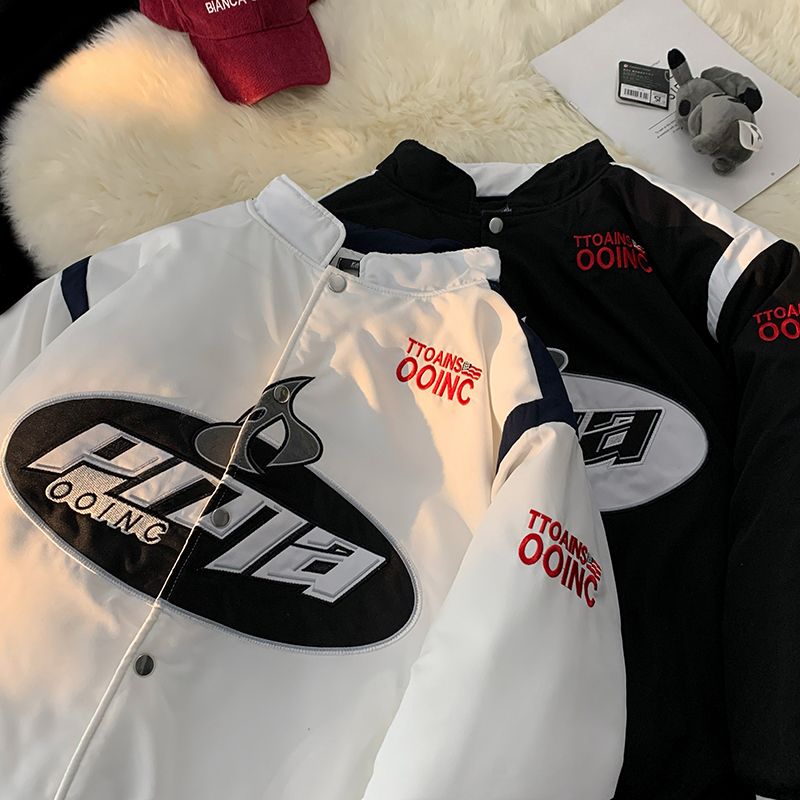 American embroidery couple's cotton coat winter high street loose thickened stand collar cotton coat men's vibe style handsome cotton jacket