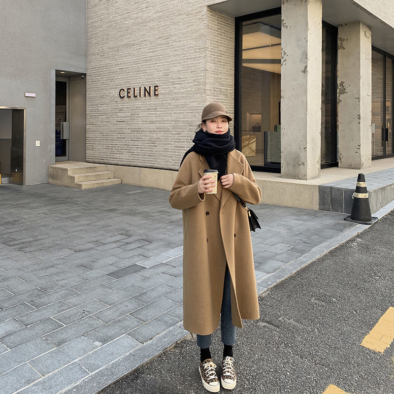 雙面羊絨大衣女中長款2023年秋冬季新款小個子西裝駝色羊毛呢外套