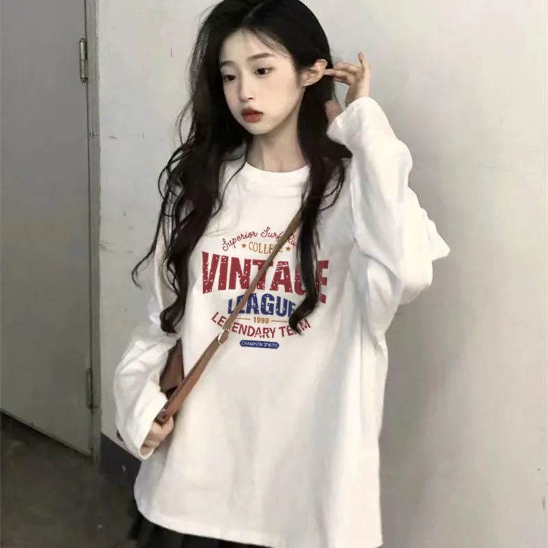 100%純棉長袖T恤女秋季內搭白色打底衫韓版ins寬鬆百搭印花上衣潮