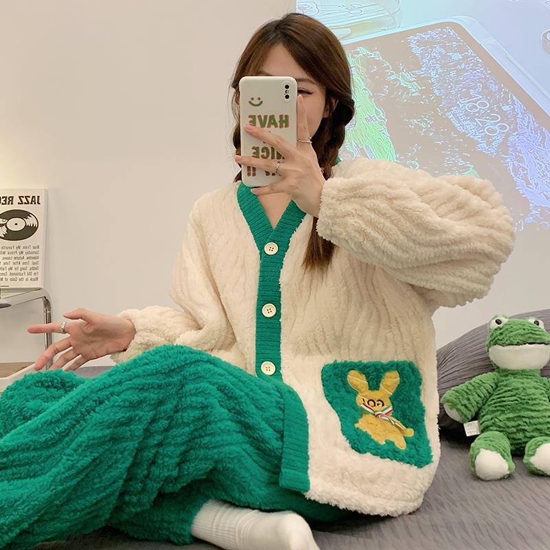 小香甜美珊瑚絨睡衣女秋冬季新款加厚法蘭絨開衫可外穿家居服套裝
