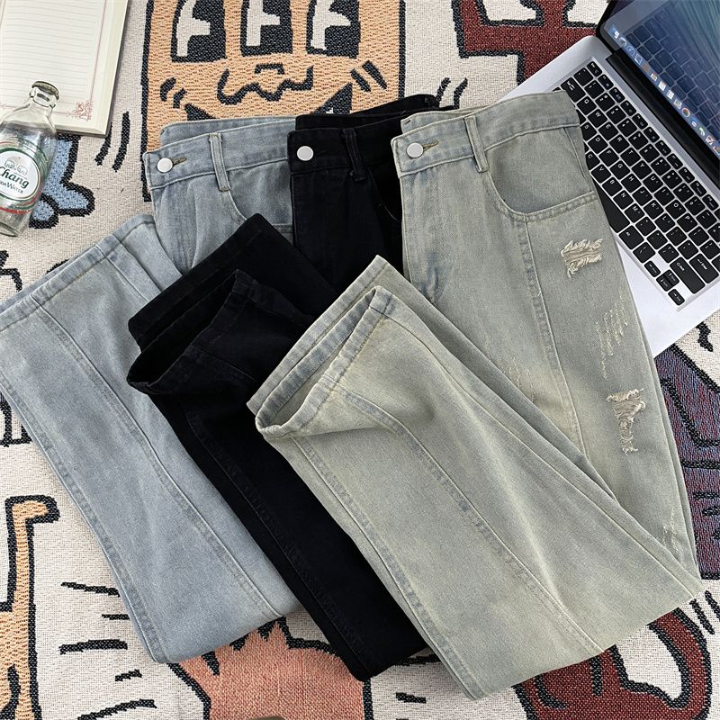 Spring and autumn straight ripped jeans men's American vibe high street handsome pants trendy brand distressed loose wide leg pants