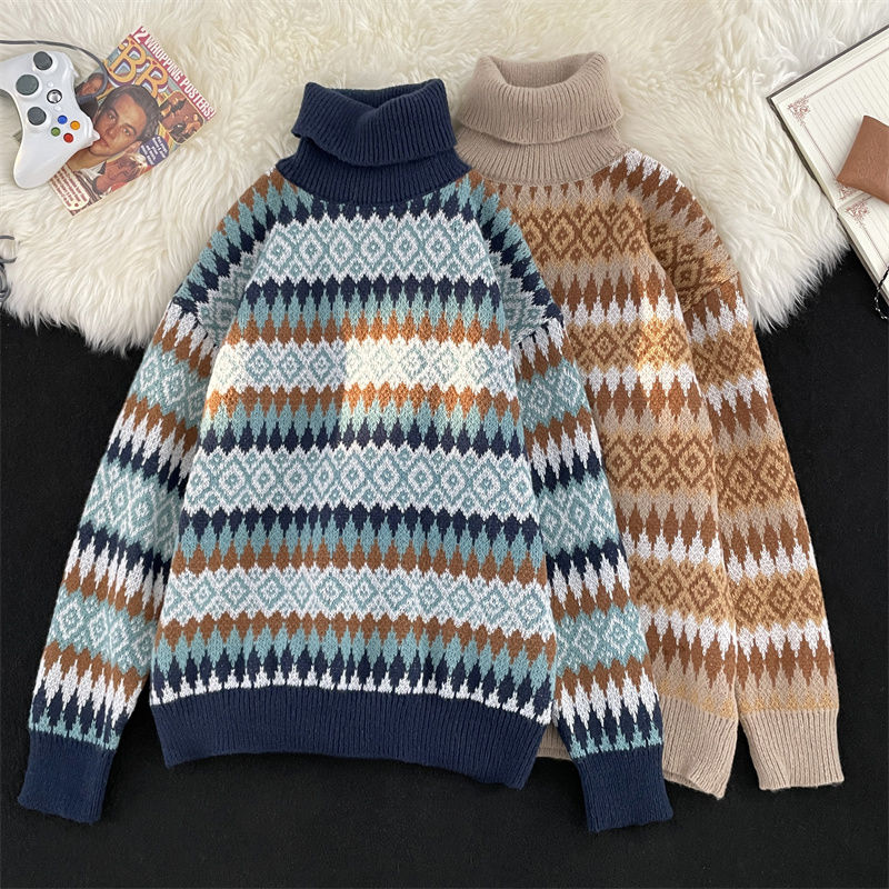Japanese retro jacquard sweater trendy brand ins couple men's turtleneck sweater winter loose lazy style jacket