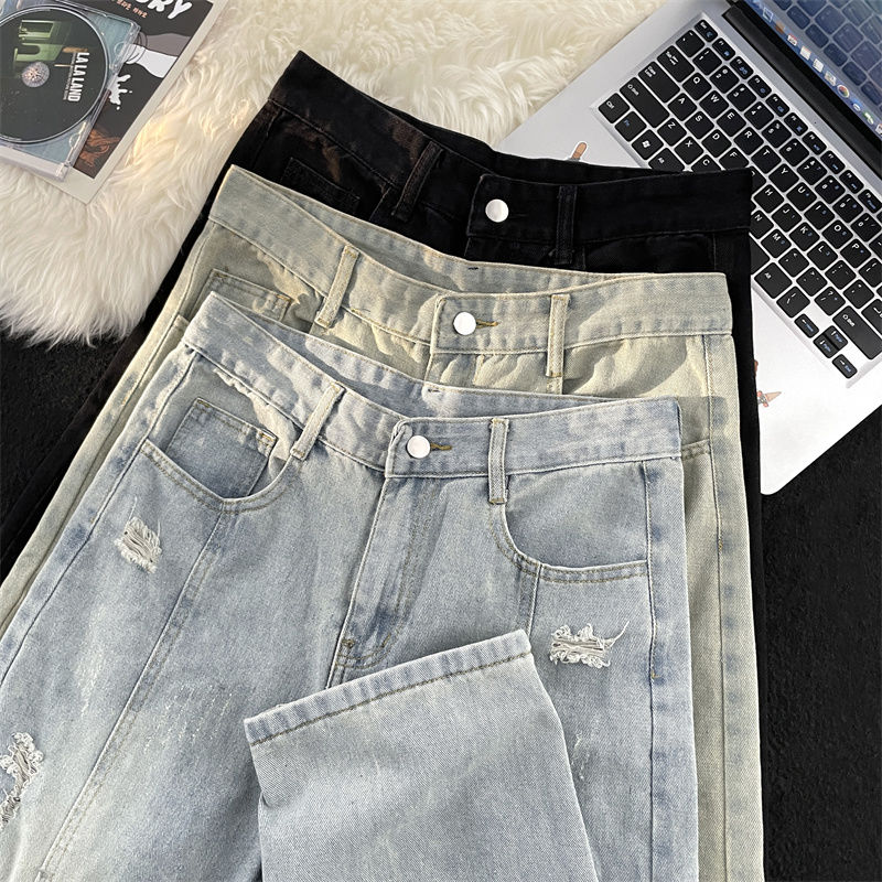 Spring and autumn straight ripped jeans men's American vibe high street handsome pants trendy brand distressed loose wide leg pants