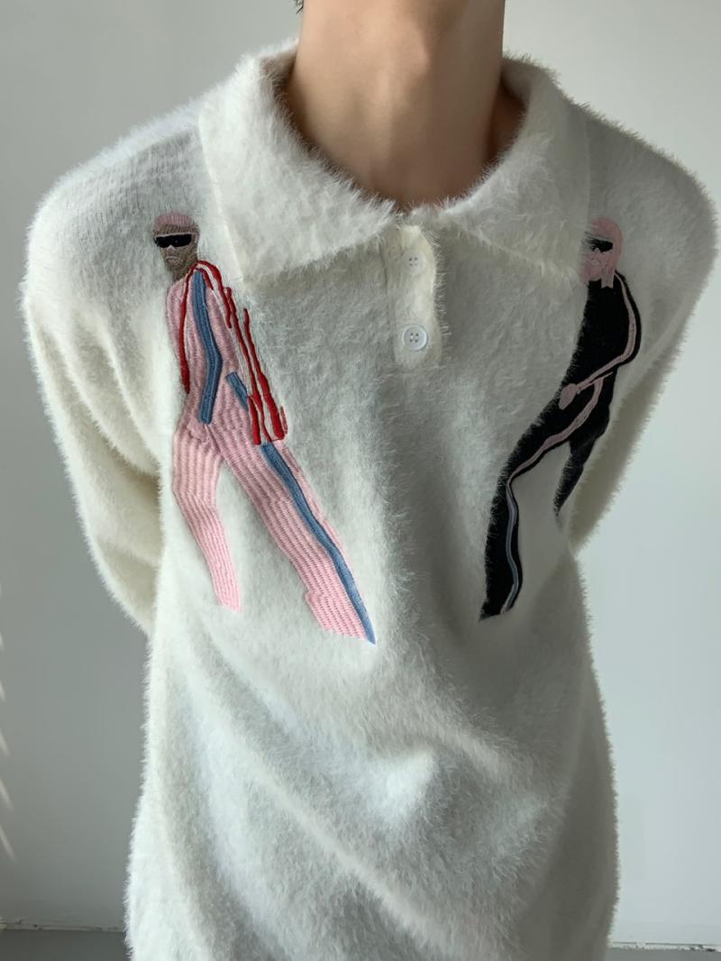 翻領高級感刺繡馬海毛毛衣男女秋冬小眾加厚慵懶風圓領針織衫上衣