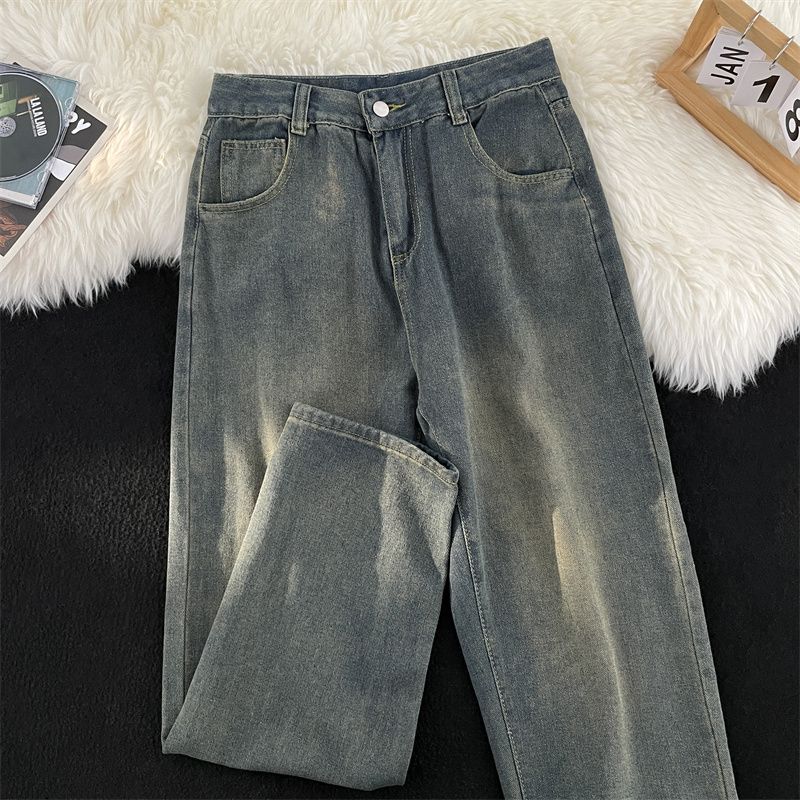 Washed distressed jeans trendy brand ins high street men's trousers spring and autumn American casual loose straight trousers