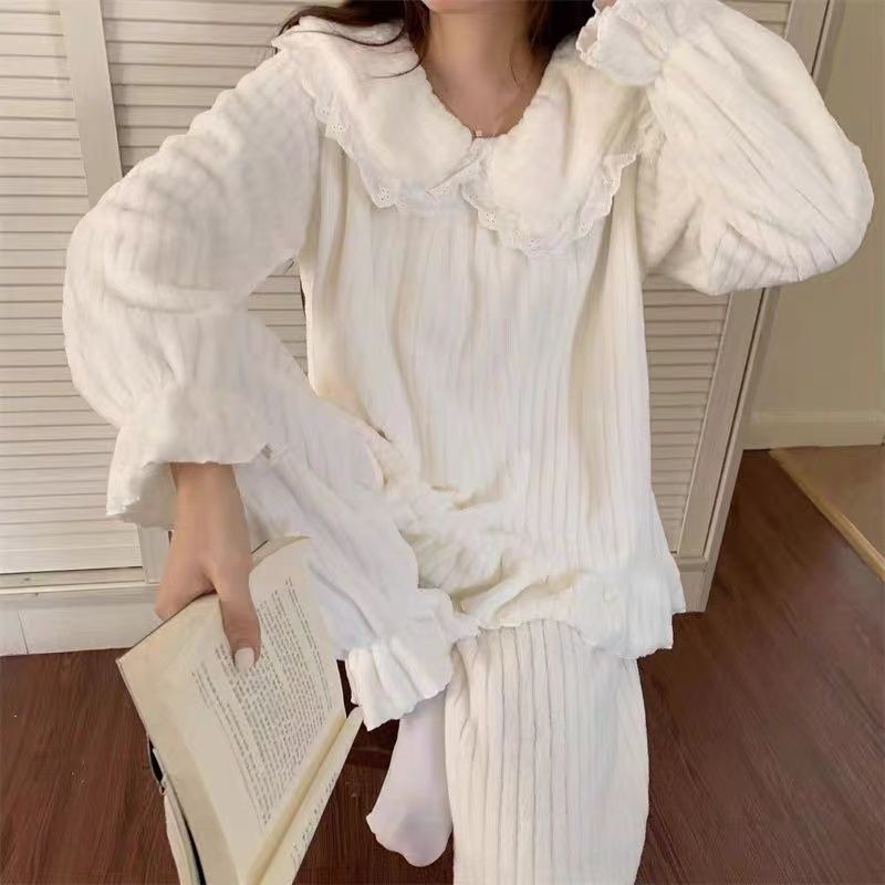 可愛娃娃領睡衣女ins小香風秋冬款珊瑚絨加厚加絨套裝居家服學生