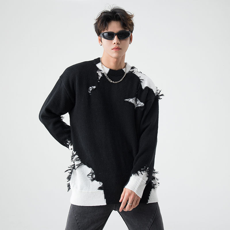 High street fake two-piece sweater men's autumn and winter design ripped sweater trendy brand loose handsome sweater jacket