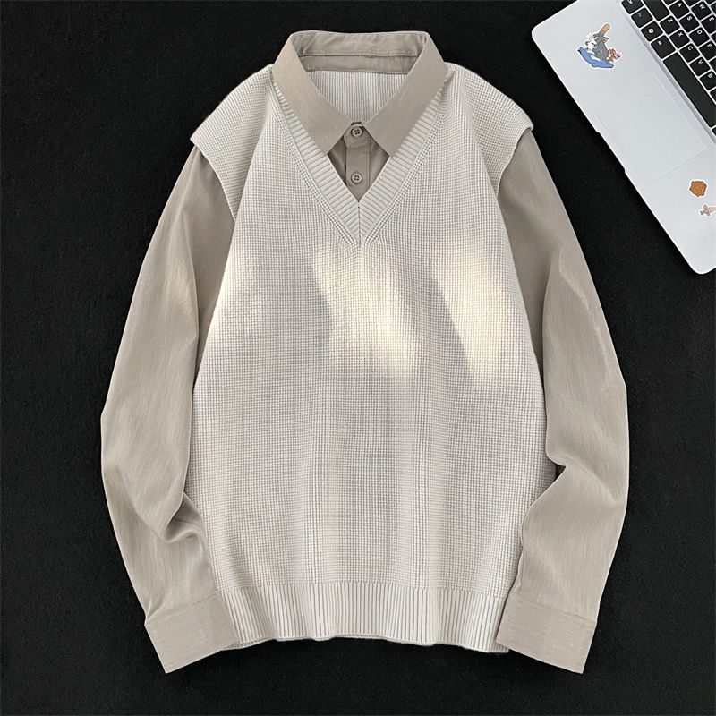 Japanese fake two-piece long-sleeved shirt for men in autumn and winter trendy inner knitted sweater American loose college style shirt