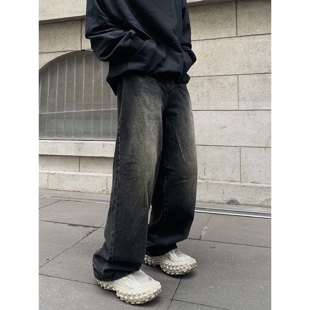 非常規基礎款闊腿牛仔褲男女高級感漸變色長褲切割口袋設計直筒褲